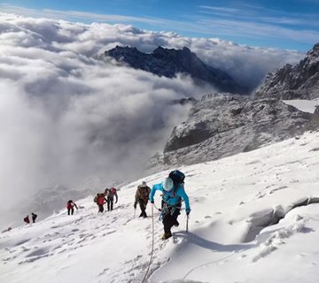 Tourists trekking in the misty Rwenzori Mountains, Uganda